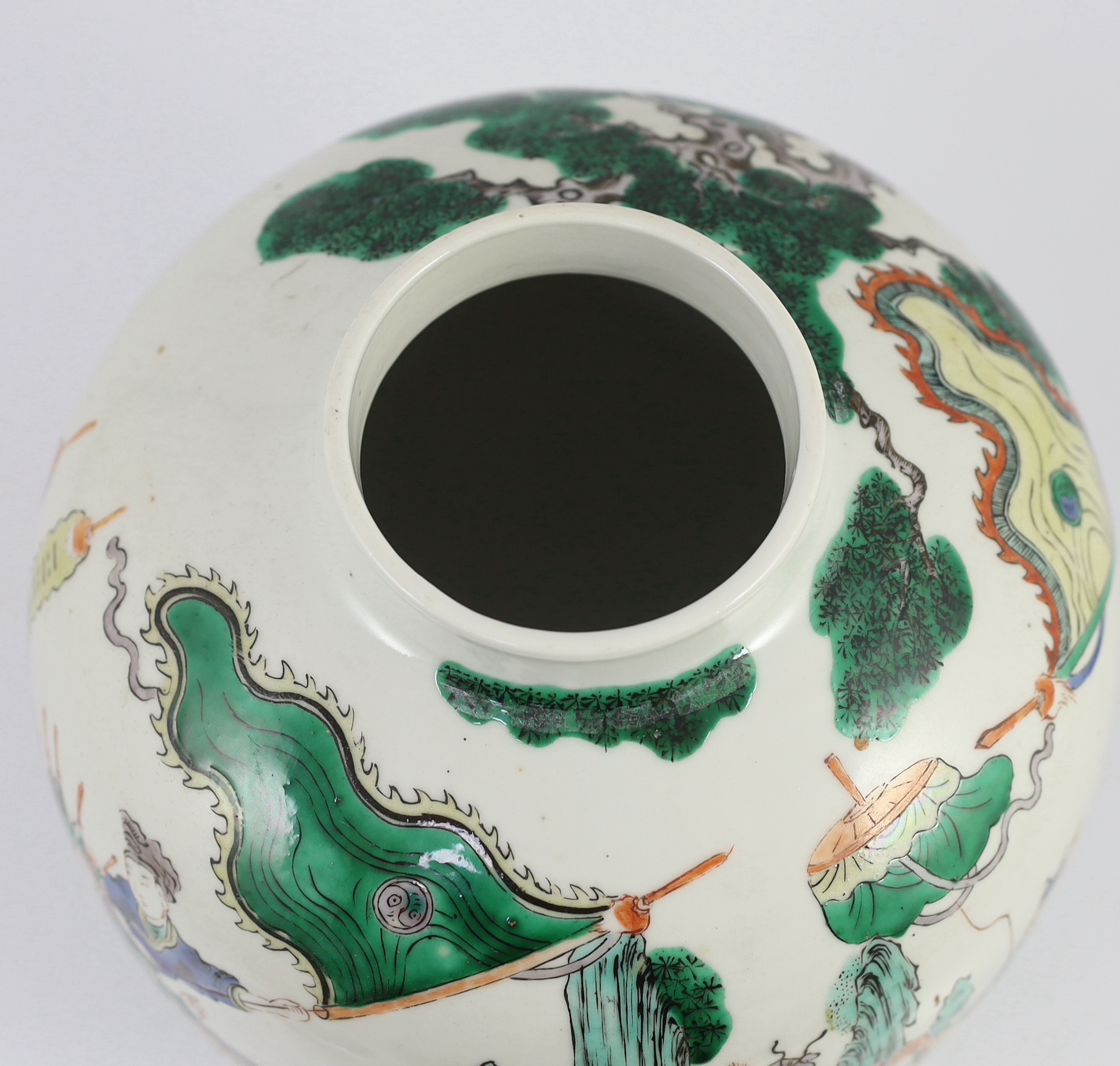 A large Chinese famille verte ovoid jar and cover, 19th century